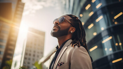 modern african businessman with dreadlock hairstyle standing in big city on skyscrapers background, business and success concept