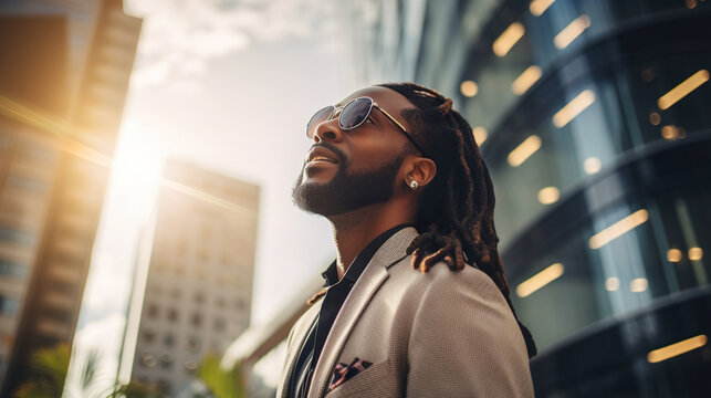 modern african businessman with dreadlock hairstyle standing in big city on skyscrapers background, business and success concept