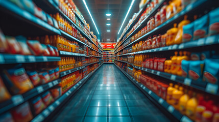 Shopping isle - grocery store - supermarket - low angle shot  - obrazy, fototapety, plakaty