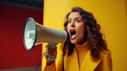 woman shouting in loudspeaker, female shout in loud speaker, retail and sale advertisement concept studio shot, person announce discount