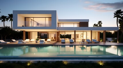 A minimalist contemporary design villa with a pool - obrazy, fototapety, plakaty