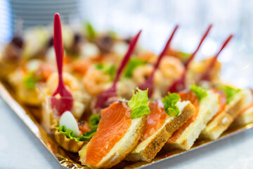 Canapes with salmon shrimps and vegetables on plate