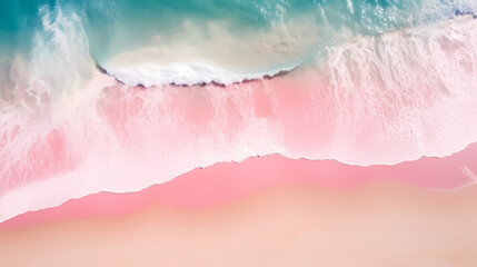 Fototapeta premium Sandy beach with light blue transparent water waves and sunlight, tranquil aerial beach scene