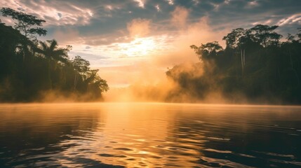Fototapeta na wymiar beautiful Amazon river with fog in a beautiful sunrise with a blue sky with clouds in high resolution and quality