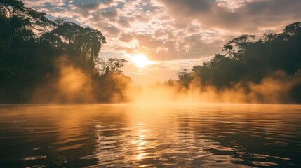 beautiful amazon river with fog