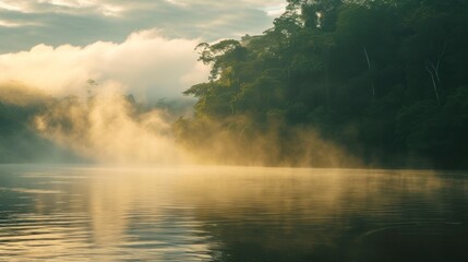 Fototapeta na wymiar Beautiful Amazon River with fog in a beautiful sunrise with a blue sky with clouds in high resolution and quality. rivers concept