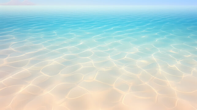 Sandy beach with light blue transparent water waves and sunlight, tranquil aerial beach scene