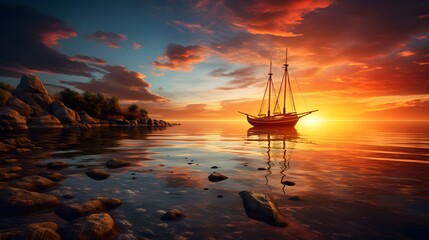 A sunset and a boat after golden hour. Calm and relaxation background
 - obrazy, fototapety, plakaty