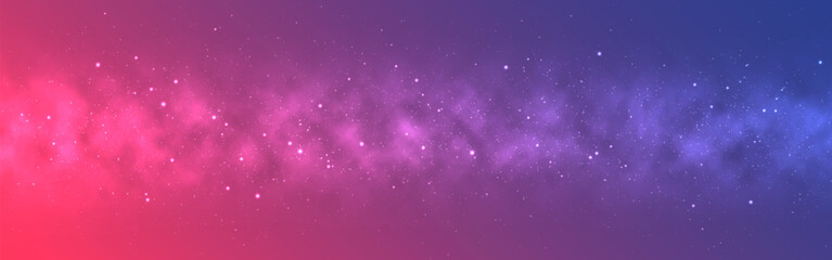 Sky stars. Magic color milky way. Starry galaxy. Cosmic stardust effect. Bright glowing universe. Wide space texture for poster, banner or website. Vector illustration