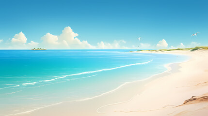 Sandy beach with light blue transparent water waves and sunlight, tranquil aerial beach scene