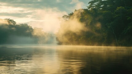 Obraz na płótnie Canvas beautiful amazon river with fog in a beautiful sunrise with a blue sky with clouds