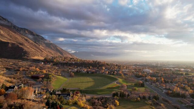 Drone Over Provo Utah in Autumn at Sunset with Beautiful Colors and Temple View