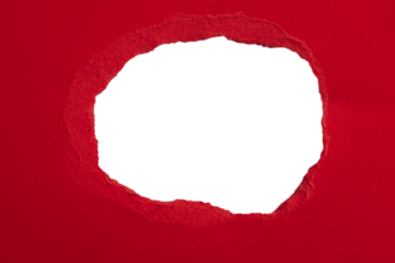 Red thick paper, torn in the middle with an empty hole. And an empty background behind
