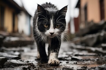 Black and white cat walking on a cobbled street