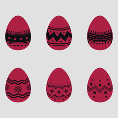 A set of Easter eggs with a black pattern. 6 pieces. Vector on a gray background