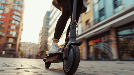Close up of woman riding black electric kick scooter at cityscape, motion blur - obrazy, fototapety, plakaty