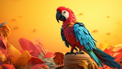 Colorful parrot is standing on top of a yellow paper wall