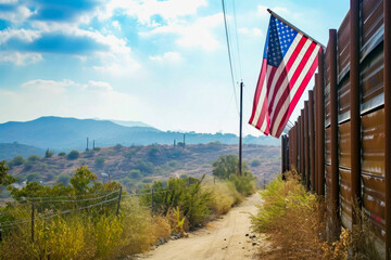 US state border fence. Background with selective focus and copy space