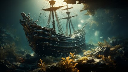 Abandoned pirate ship under water