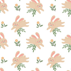 Seamless pattern, cute jumping Easter bunnies and flowers with leaves on a white background. Background in cartoon style, textile, vector