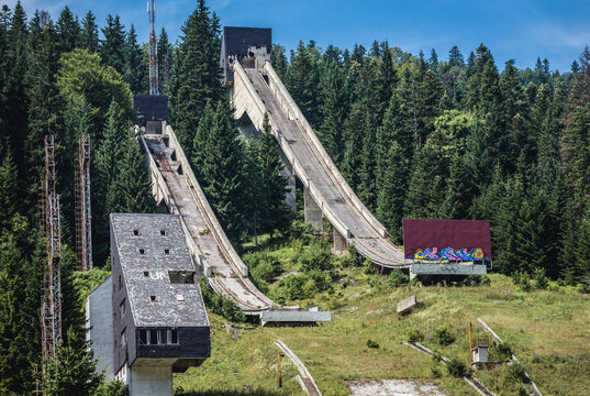 Ilidza, Bosnia - August 24, 2015: Abandoned Olympic Jumps on Igman mount in Ilidza built for 1984 Winter Olympic Games