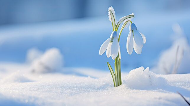 close-up of galanthus snowdrops in the snow