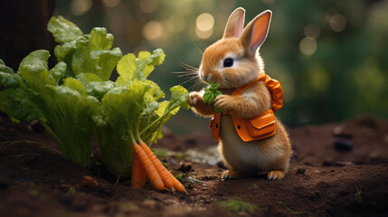 cute bunny in a garden with carrots - obrazy, fototapety, plakaty