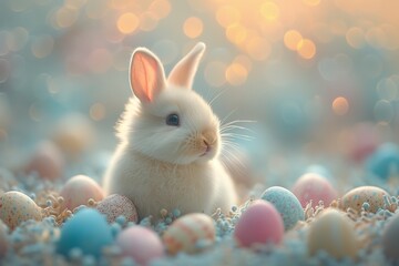 Fototapeta na wymiar A fluffy domestic rabbit revels in the joy of easter as it perches atop a colorful mountain of eggs, a symbol of new life and abundance