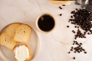 Toast with cream cheese in a marbled background in aerial view mockup