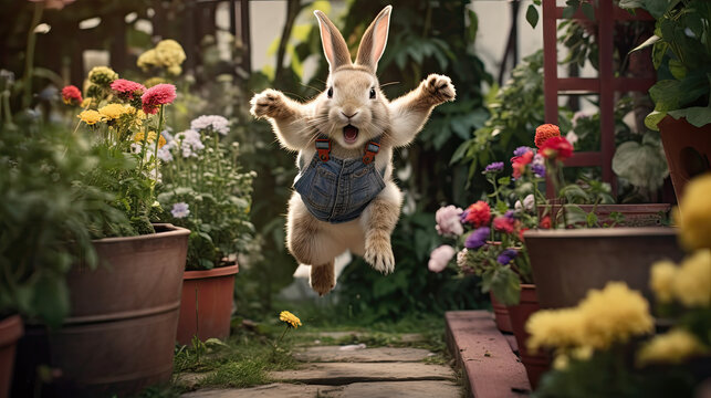 funny bunny jumping in a garden