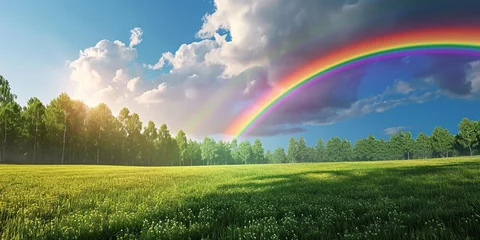 Foto op Canvas A rainbow over a green field with a rainbow in the background, Green grass field, blue sky rainbow, background nature, cloudy park, Sunny day with rainbow and fluffy white clouds   © HijabZohra