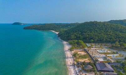 Aerial view of Sao beach with white sand and crystal clear water in Phu Quoc island, Vietnam