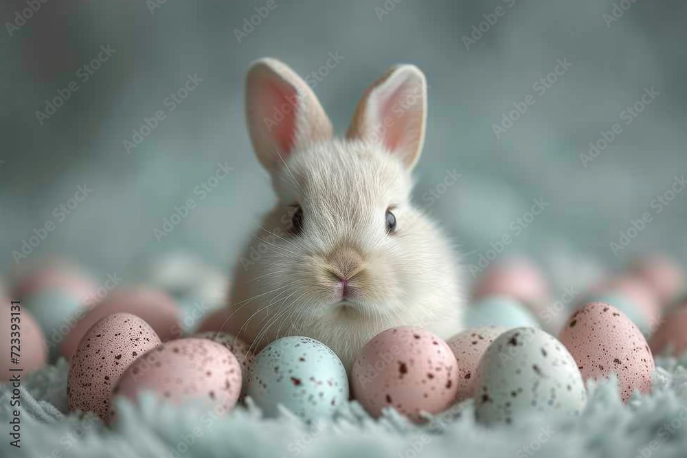 Wall mural A fluffy domestic rabbit stands tall among a colorful pile of easter eggs, embodying the playful spirit of the holiday with its endearing mammalian charm