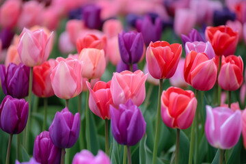 Flowerbed with spring tulips. Background with selective focus and copy space