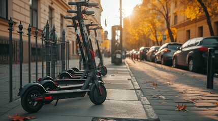 Electric Scooters For Public Share Standing Outside In European City Center, Public Mobile Transportation  