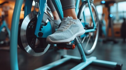 Fitness machine at home woman biking on indoor cycling stationary bike exercise indoors for cardio workout. Closeup of shoes on bicycle  - obrazy, fototapety, plakaty