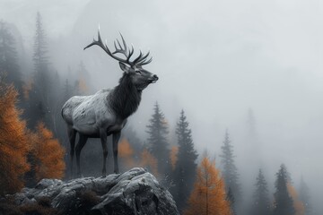 A majestic elk surveys the misty wilderness, perched atop a rocky outcrop, its antlers proudly on display in the tranquil mountain air - obrazy, fototapety, plakaty