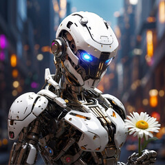 Fototapeta premium Close-up of a shiny metal robot peeling a white daisy against the backdrop of a bright and colorful futuristic city, at night