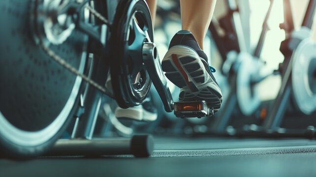 Fitness machine at home woman biking on indoor cycling stationary bike exercise indoors for cardio workout. Closeup of shoes on bicycle 