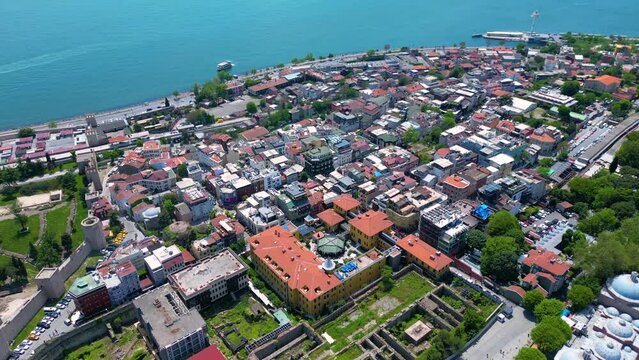 Sultanahmet historic district aerial view with Sea of Marmara at the background in historic city of Istanbul, Turkey. Historic Areas of Istanbul is a UNESCO World Heritage Site since 1985. 