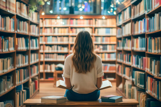 conceptual picture World Book Day people reading book in big large library