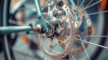 Fototapeta na wymiar Part of the bicycle's braking system. Grey metal brake disc and brake pads on road bike, close up. 