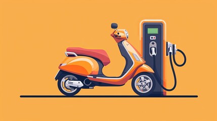 Public scooter charging station. Electric scooter battery charger. Ecological city transport. Vector illustration, flat design. Isolated background.   - obrazy, fototapety, plakaty
