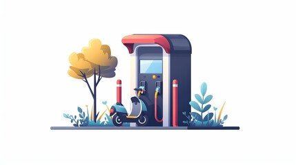 Public scooter charging station. Electric scooter battery charger. Ecological city transport. Vector illustration, flat design. Isolated background.  