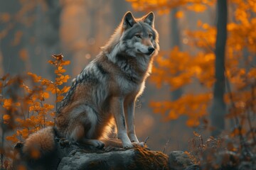 Fototapeta premium A majestic red wolf stands atop a rocky perch, surrounded by the vibrant hues of autumn and the towering trees of its wild home