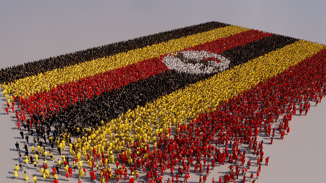 Ugandan Flag formed from a Crowd of People. Banner of Uganda on White.