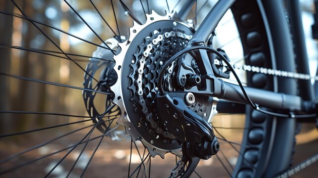 Rear bicycle motor wheel integrated into mountain bike close-up from side of the brake disc  