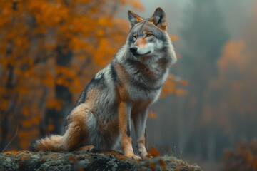 Obraz premium Amidst the vibrant autumn landscape, a majestic red wolf sits atop a rocky perch, exuding a sense of wild grace and untamed strength