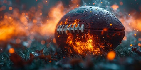 Fiery Competition: A Football Engulfed in Flames on the Field, Symbolizing the Burning Passion for the Game, Generative AI