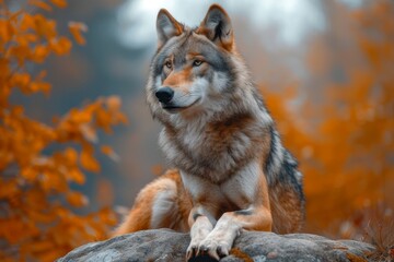 A majestic wolf, with its canine brethren and red fur shining against the backdrop of nature, calmly perches on a rock, embodying the untamed beauty and fierce spirit of the wild